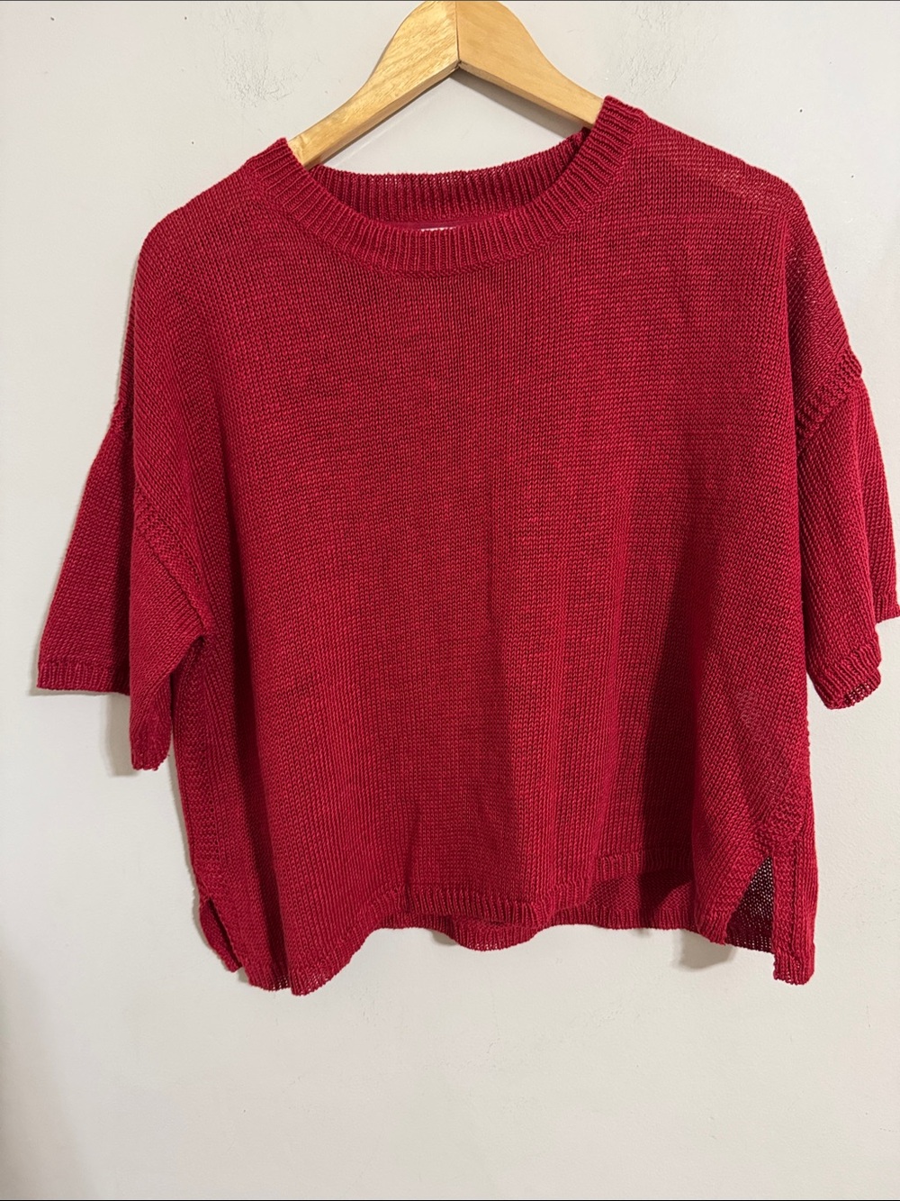Poetry Linen Red Knit Short-Sleeve Sweater size 10 Coastal Minimalist Classic